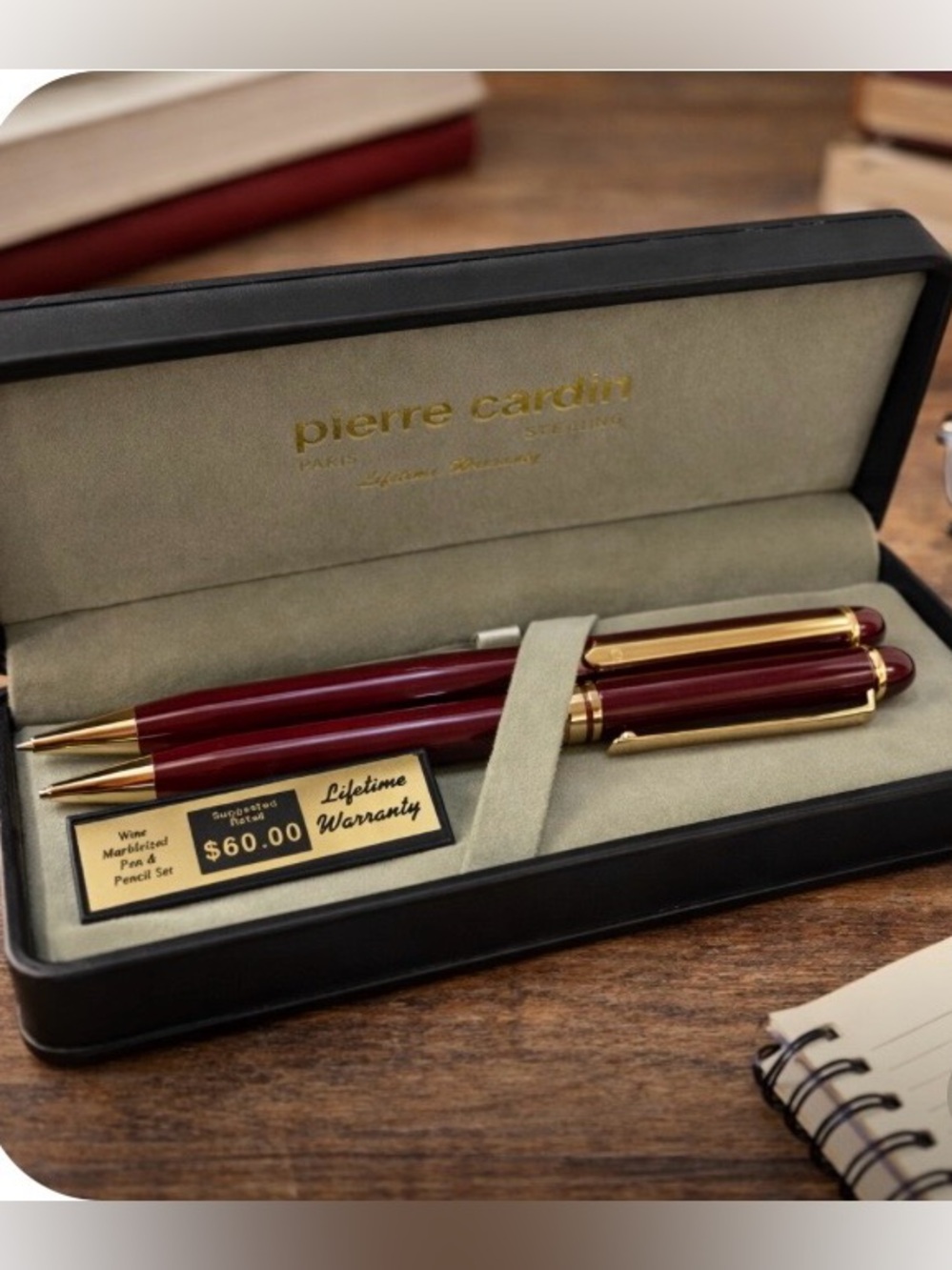 VTG Pierre Cardin Wine Marbleized Burgundy Pen & Mechanical Pencil Set w/ Case